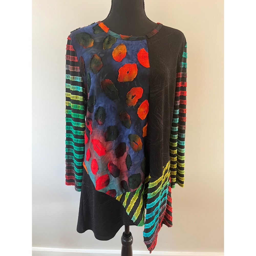 Calessa Size L Artsy Tunic Top Lagenlook Patchwork Polka Dot Striped Sleeve Boho - Picture 6 of 11